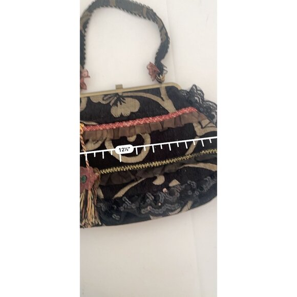 Vintage Three Flower Lace Tapestry Ribbon Metal Frame Brass Handbag Purse - Picture 8 of 9